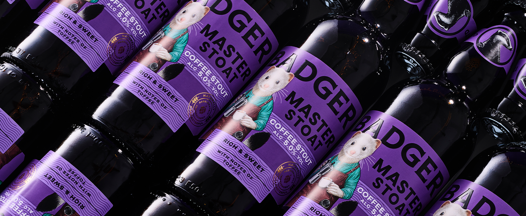 Close-up of multiple bottles of Badger Master Stoat Coffee Stout