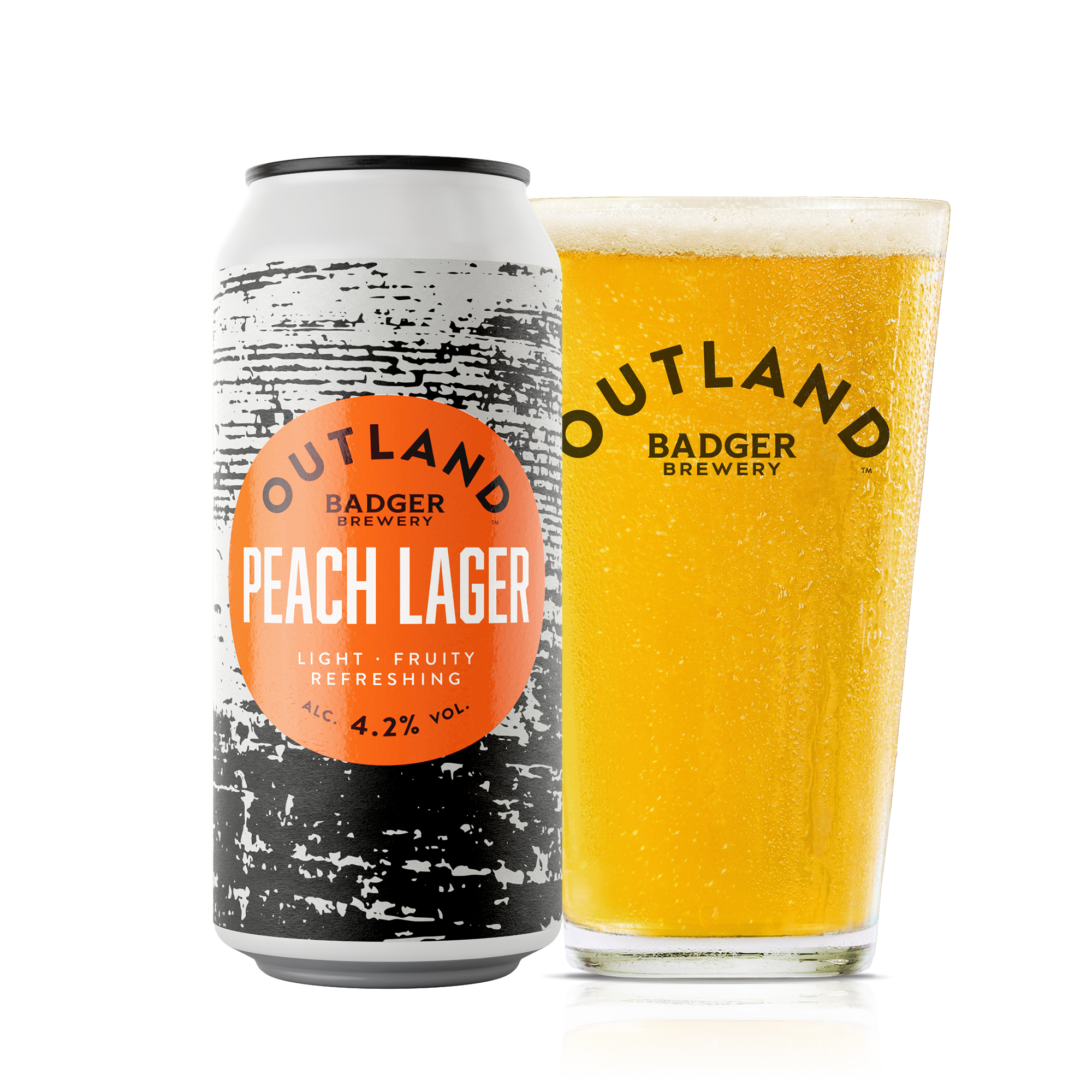 Outland Peach Lager can poured into a beer glass