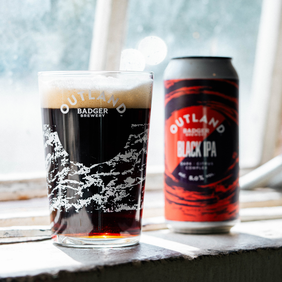 Outland Black IPA can and glass