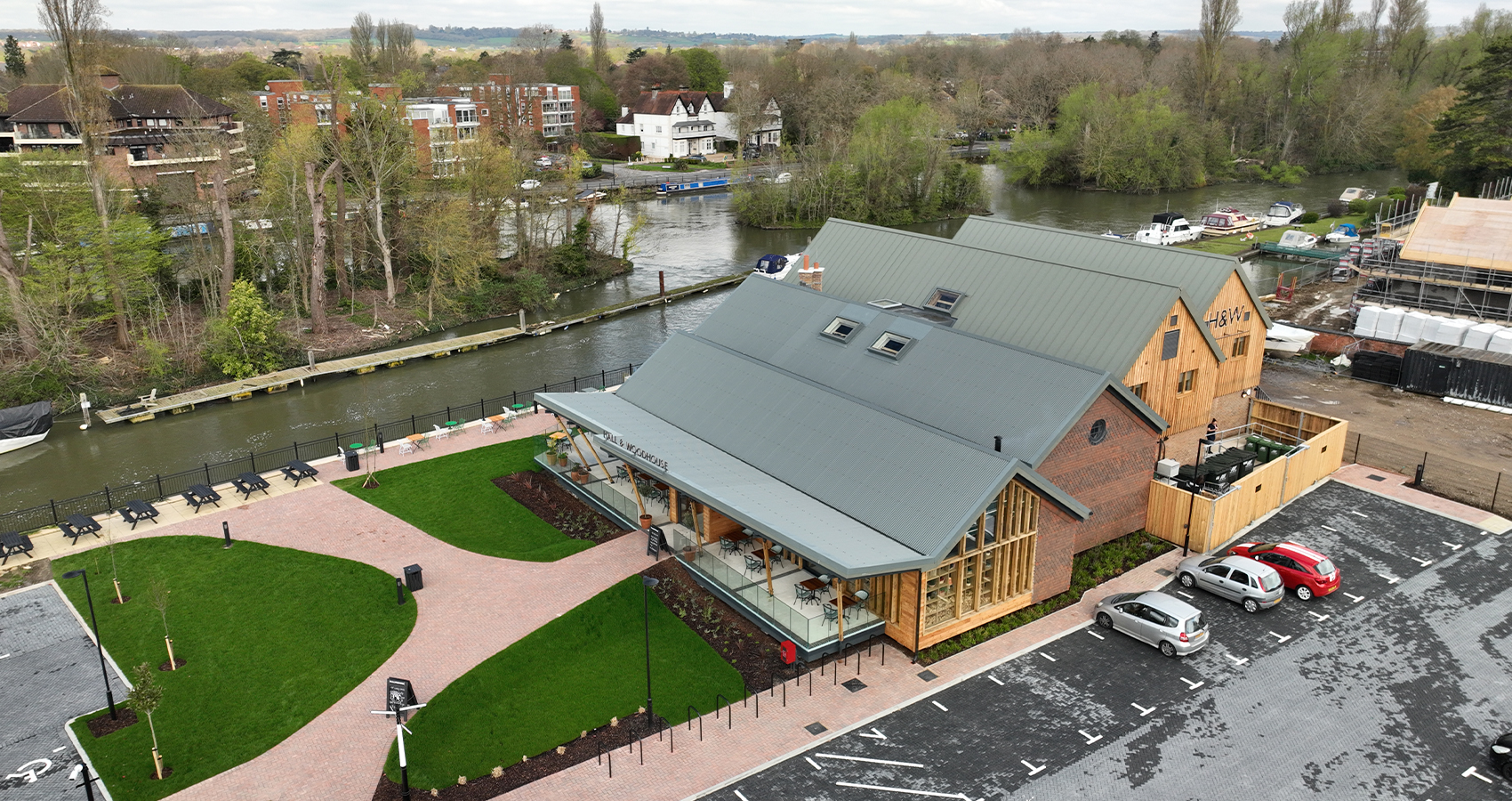 Overhead view of the Hall and Woodhouse pub Taplow and the River Thames