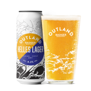 Outland Helles Lager Can and Glass
